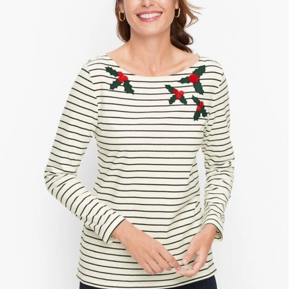 Talbots Christmas Embroidered Holly Boat Neck Striped Long Sleeve Tee Size Small